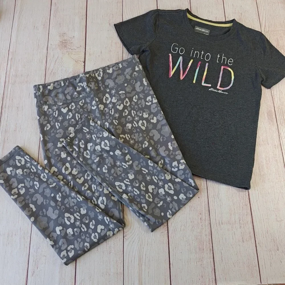 Eddie Bauer gray graphic tee & leopard legging set sz L (14/16)
